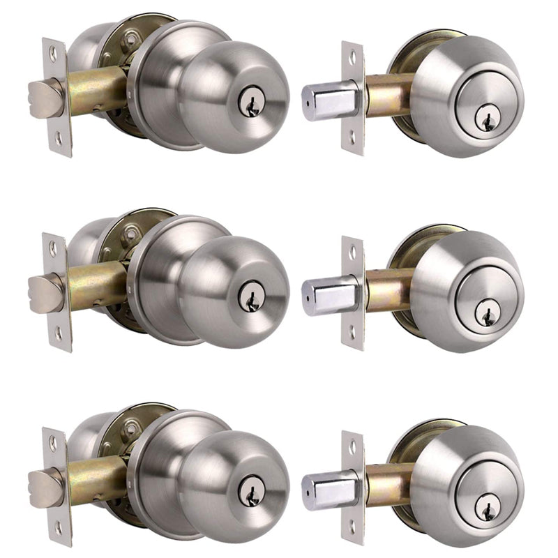 3 Pack-Entry Door Knob and Deadbolt Lock Set, handleset with Single Cylinder Deadbolt Keyed Alike Combo Pack - Probrico