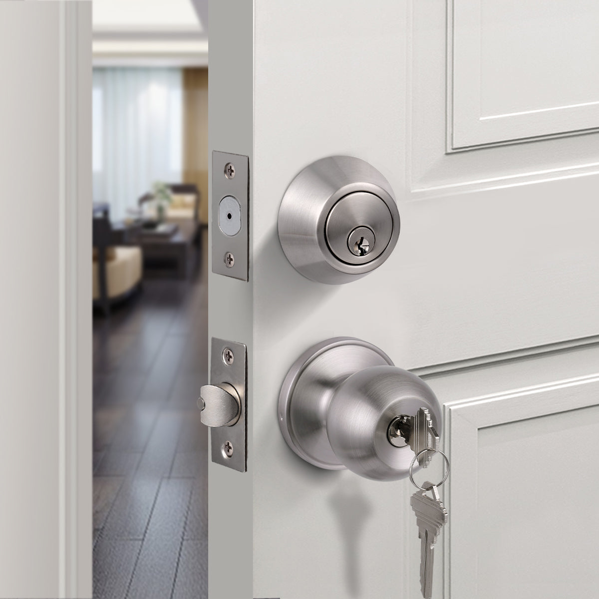 Round Ball Door Knob Lock with Single Cylinder Deadbolt Entry Keyed Lockset Satin Nickel Finish - Keyed Alike DL607ET-101SN - Probrico