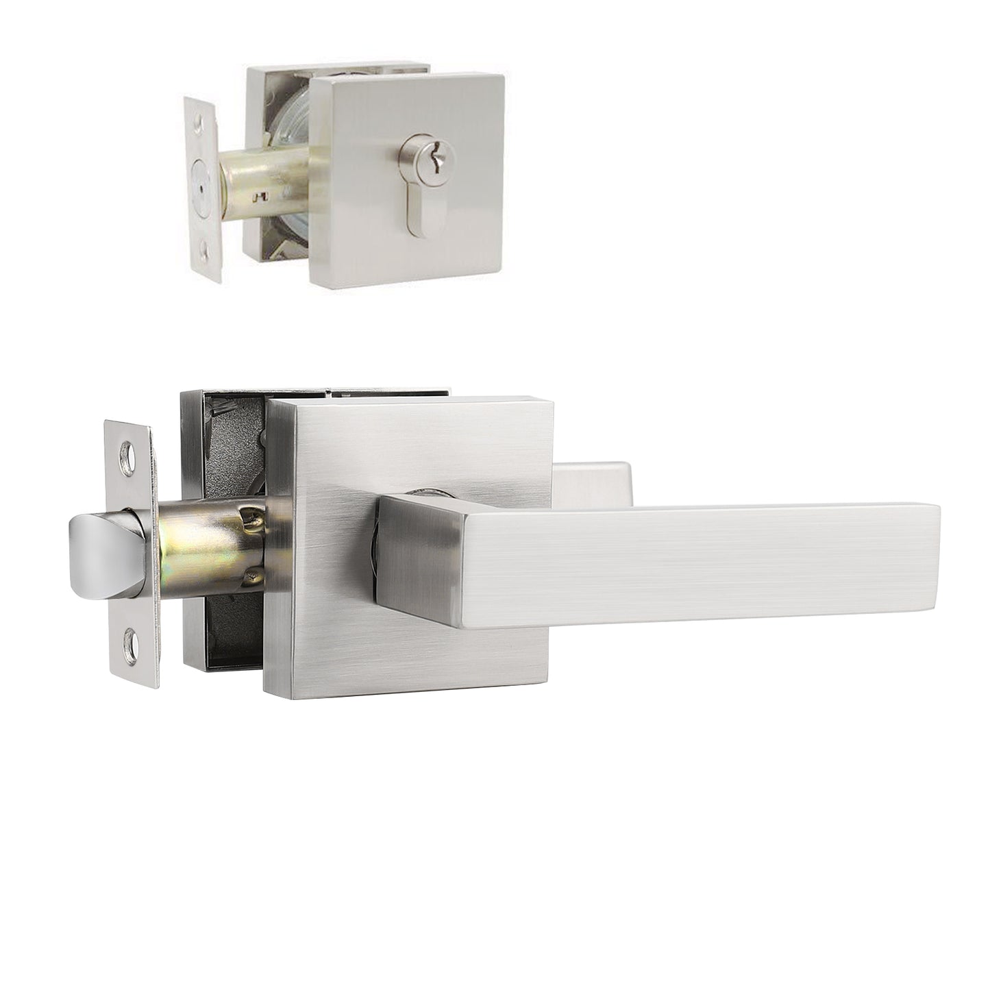 Front Door Levers and Single Cylinder Deadbolts Lock Set (Keyed Alike), Satin Nickel Finish - Probrico