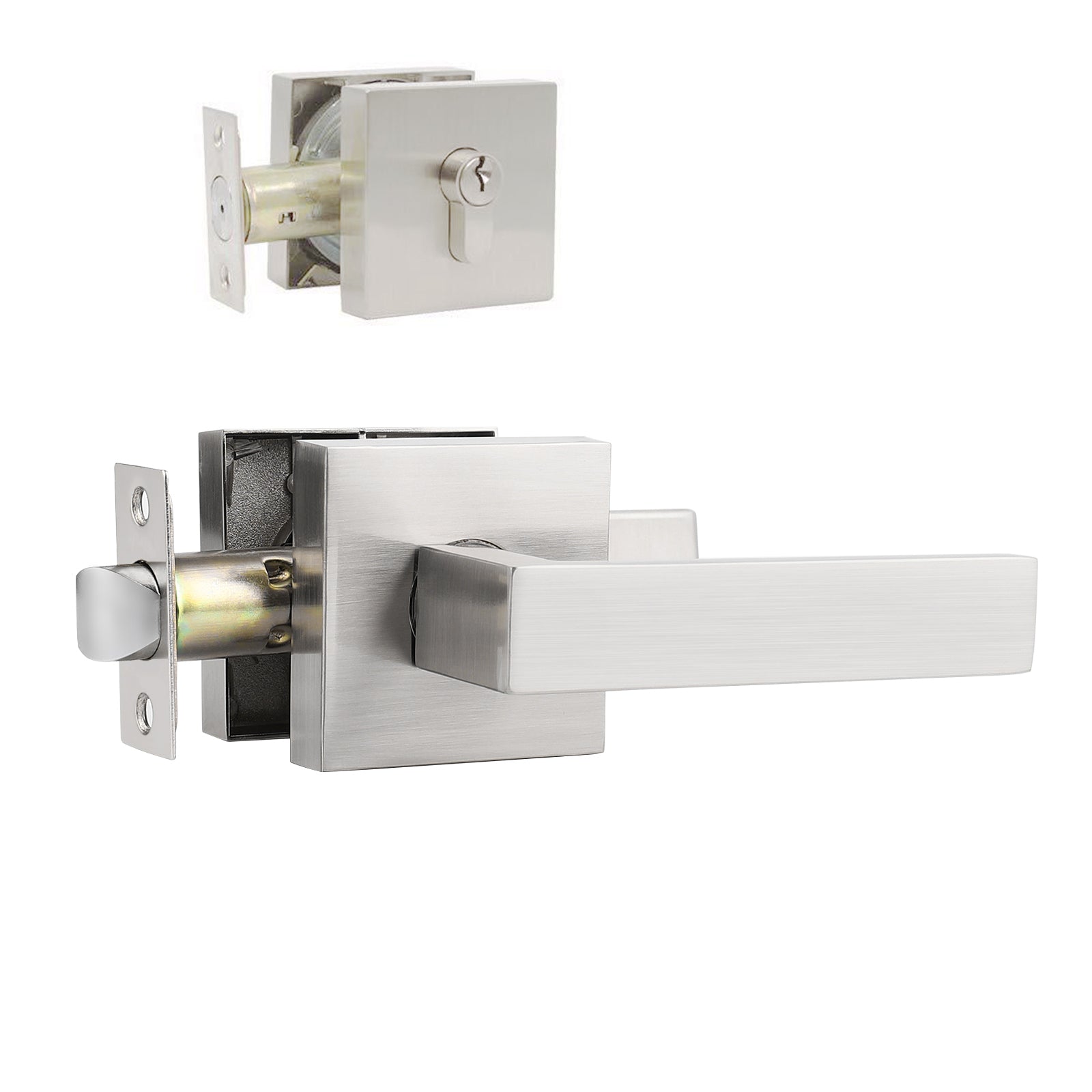 Front Door Levers and Single Cylinder Deadbolts Lock Set (Keyed Alike), Satin Nickel Finish