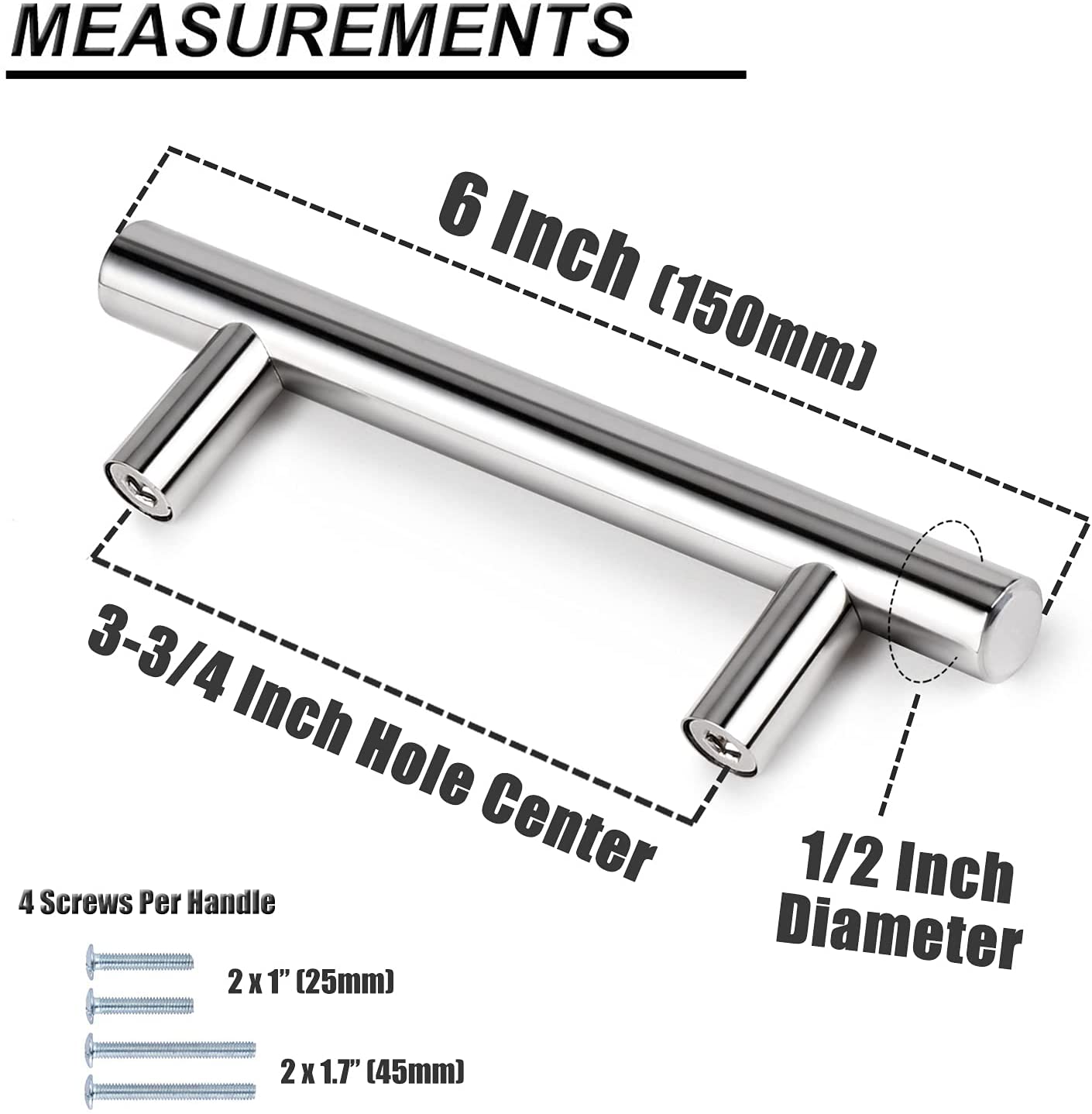 Stainless Steel T Bar Cabinet Handles Polished Chrome Finish, 96mm 3 3/4inch Hole Centers - Probrico