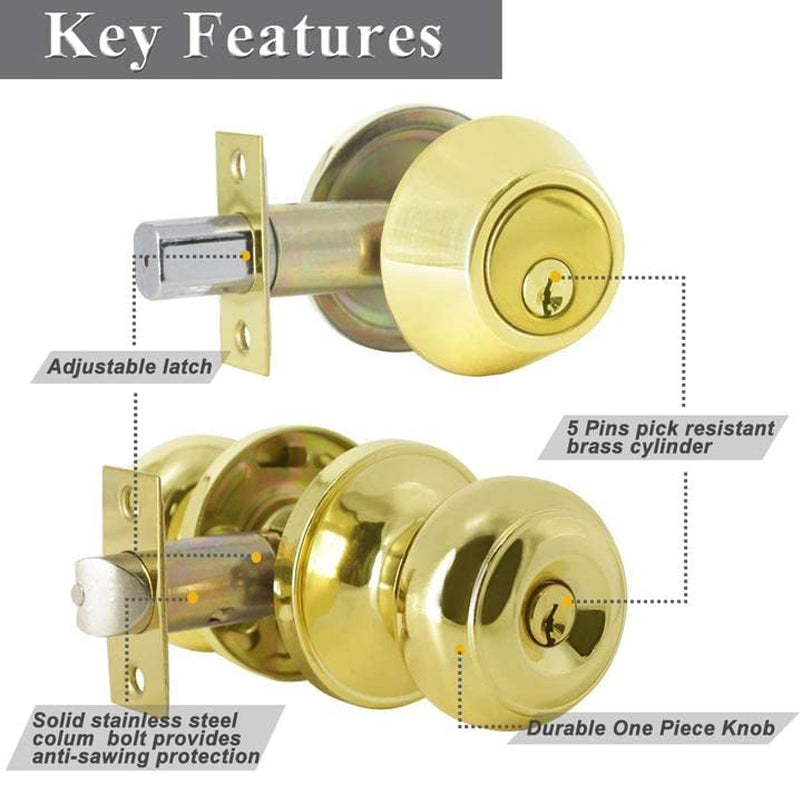 Keyed Alike Entry Door Lock Knob with Single Cylinder Deadbolt, Polished Brass Finish - DL609ET-101PB