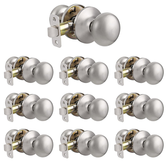 Probrico Satin Nickel Closet Hallway Passage Door Knob with Universal Latch 10 Packs - Probrico