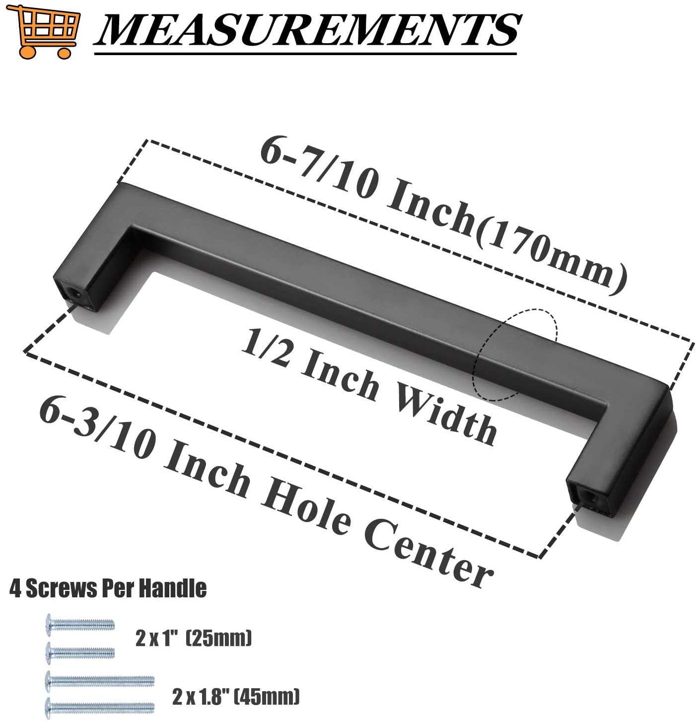 1/2" Square Cabinet Handles Black Finish 160mm 6 3/10inch Hole Centers PDDJS12HBK160 - Probrico