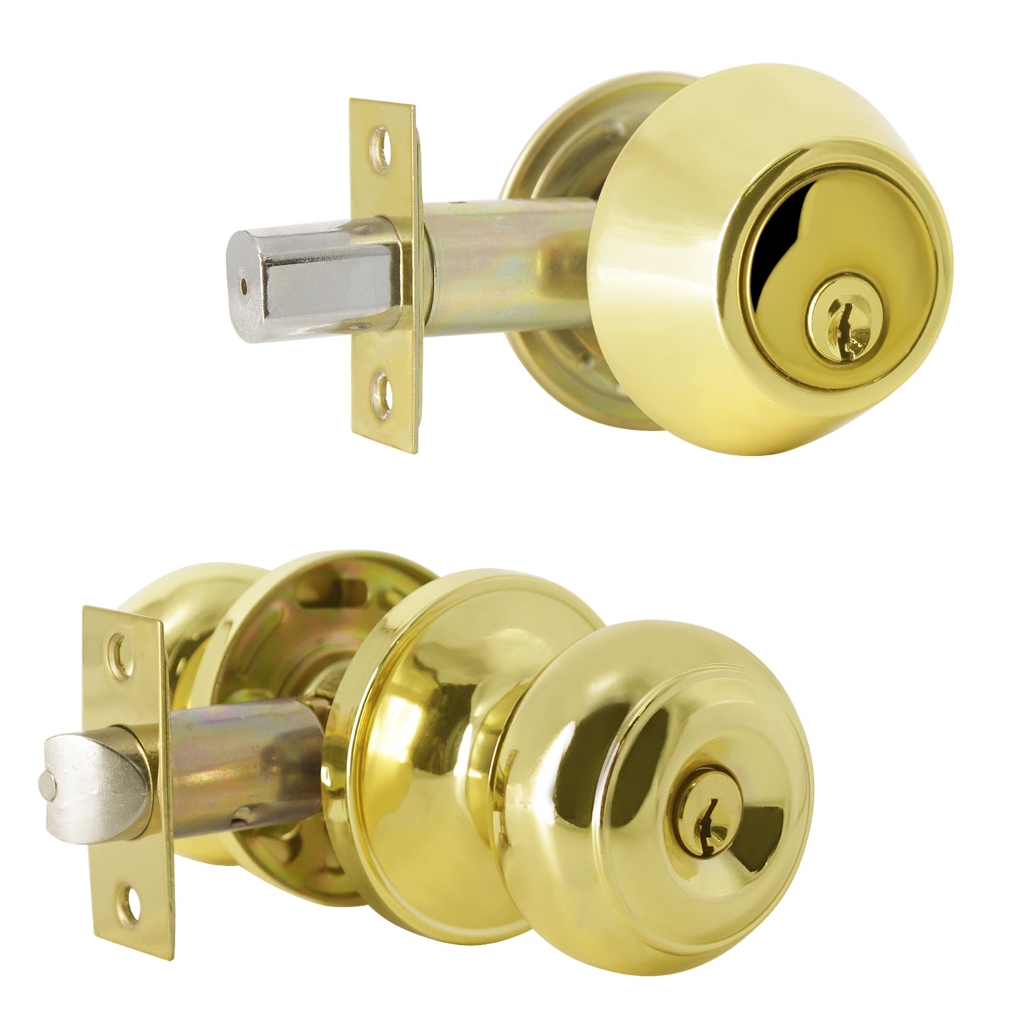 Keyed Alike Entry Door Lock Knob with Double Cylinder Deadbolt, Polished Brass Finish - DL609ET-102PB - Probrico