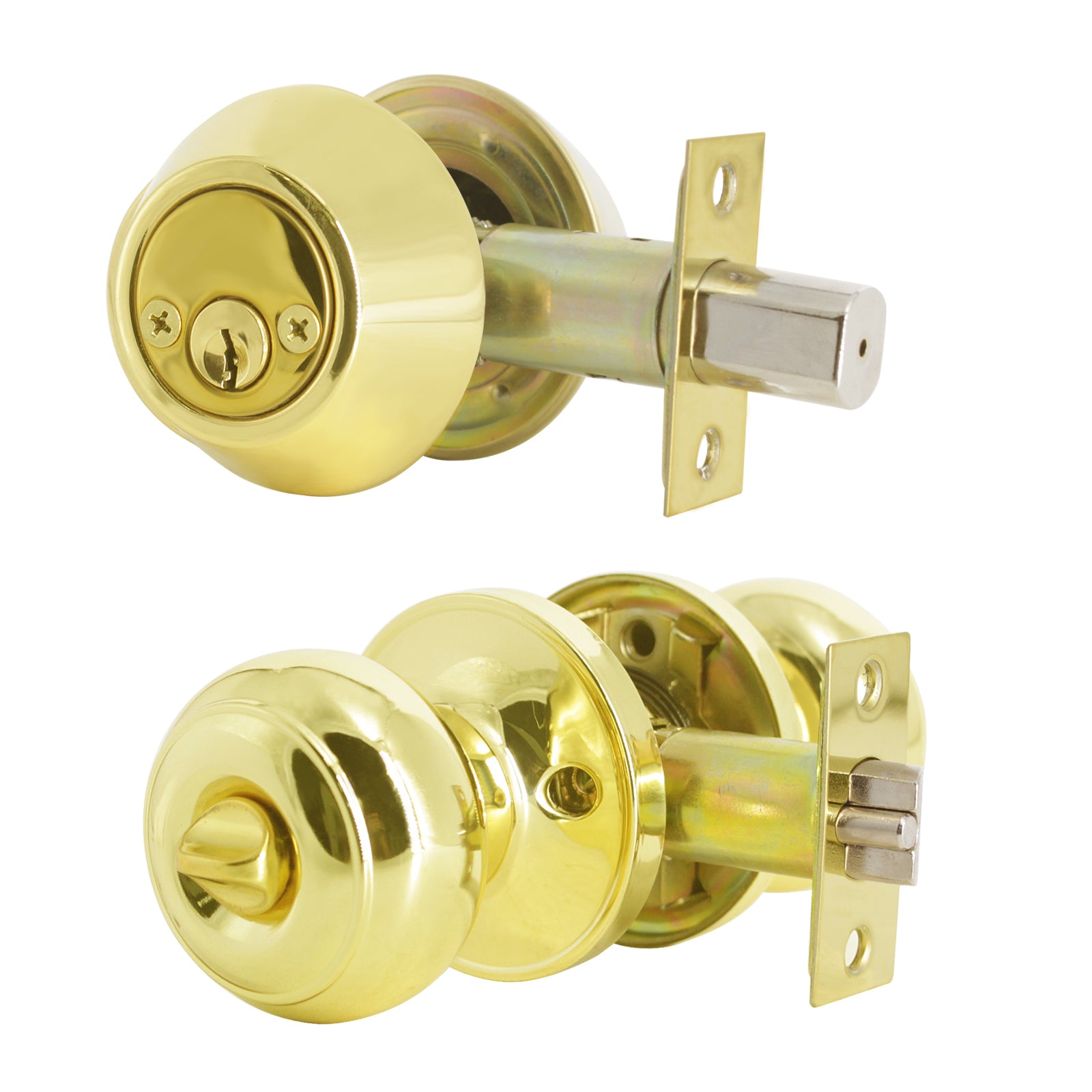 Keyed Alike Entry Door Lock Knob with Double Cylinder Deadbolt, Polished Brass Finish - DL609ET-102PB - Probrico