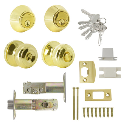 Keyed Alike Entry Door Lock Knob with Double Cylinder Deadbolt, Polished Brass Finish - DL609ET-102PB - Probrico