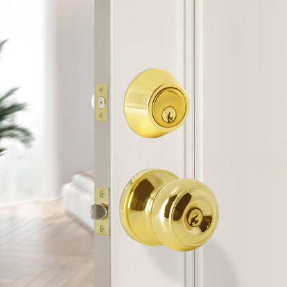 Keyed Alike Entry Door Lock Knob with Double Cylinder Deadbolt, Polished Brass Finish - DL609ET-102PB - Probrico