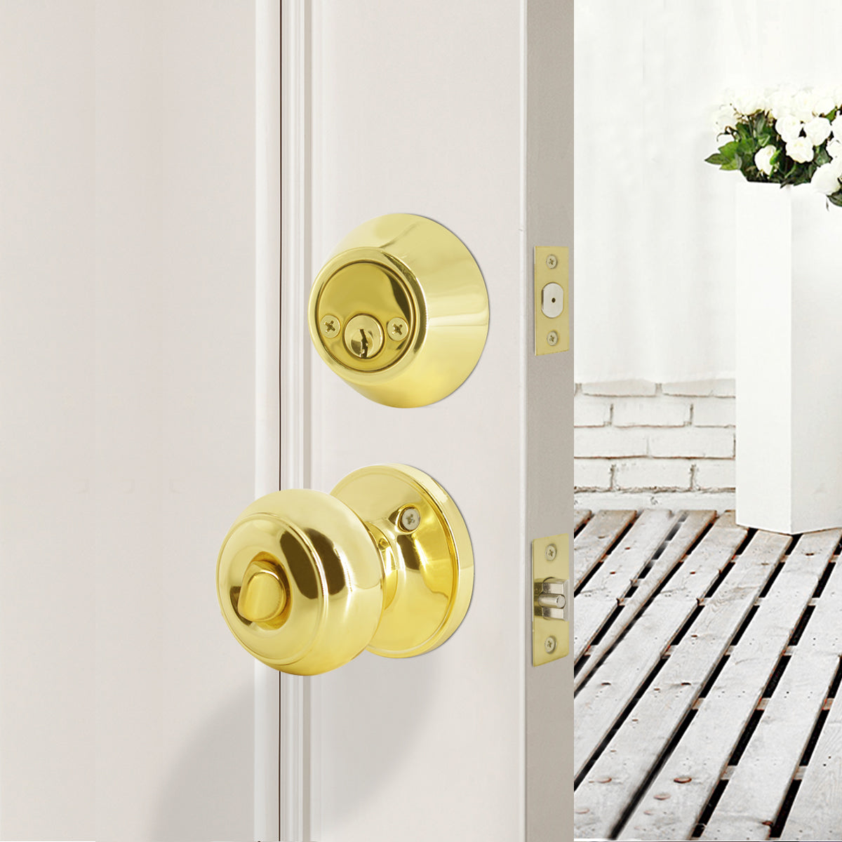 Keyed Alike Entry Door Lock Knob with Double Cylinder Deadbolt, Polished Brass Finish - DL609ET-102PB - Probrico