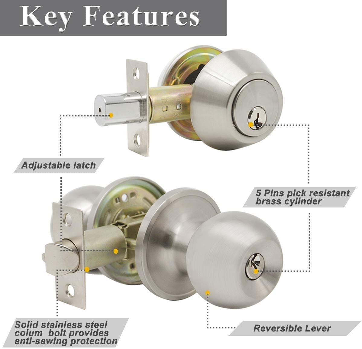 3 Pack-Entry Door Knob and Deadbolt Lock Set, handleset with Single Cylinder Deadbolt Keyed Alike Combo Pack - Probrico