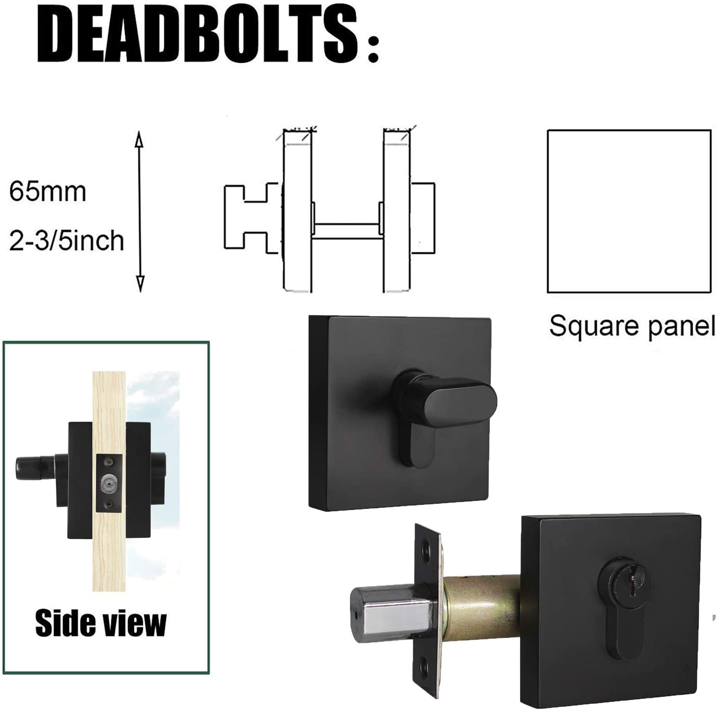 Probrico Flat Black Passage Door Lever with Single Cylinder Deadbolts Combo Pack, Modern Square Lock Set Handleset,Exterior Door Handle and Deadbolts Set,Exterior Door Lever Passage