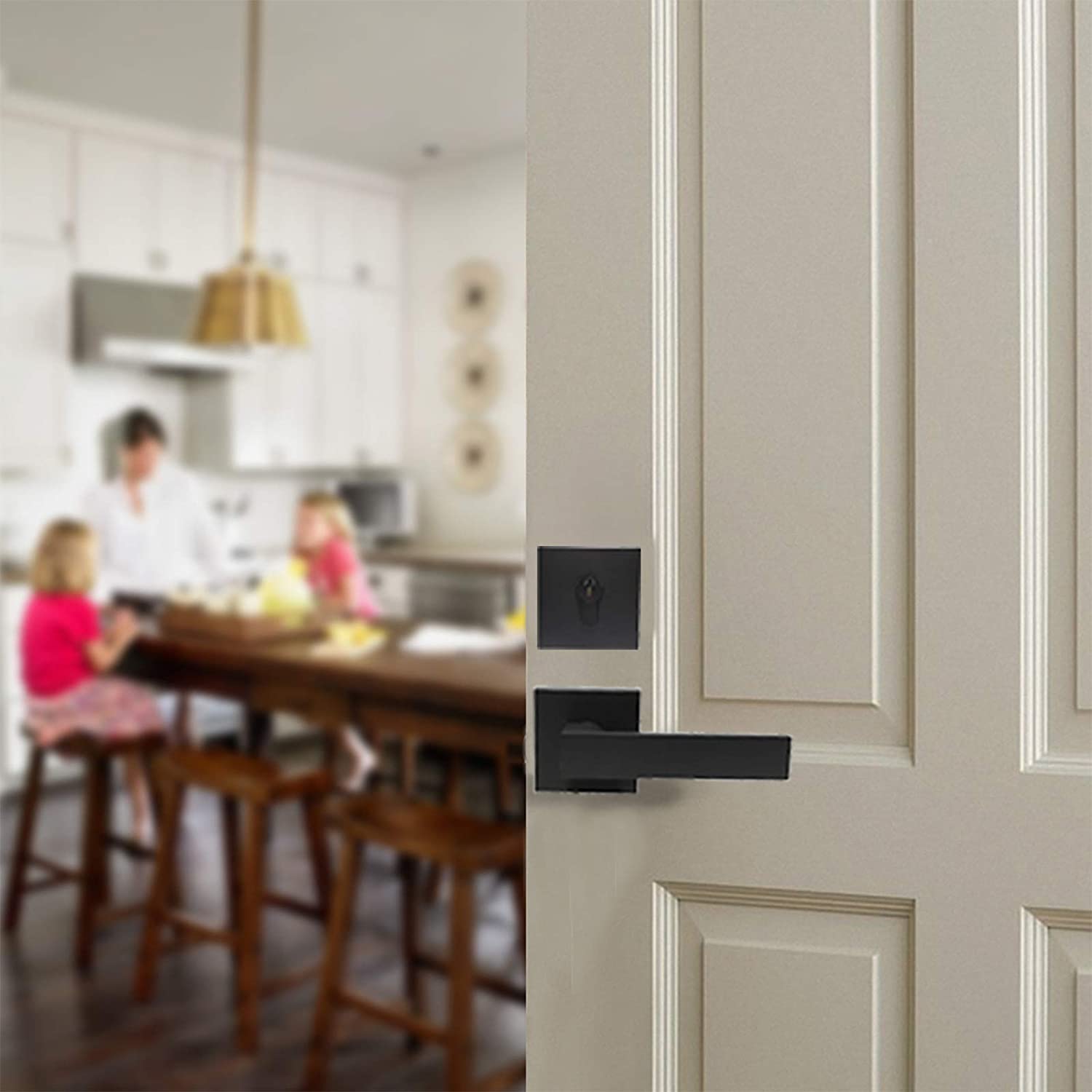 Probrico Matte Black Front Entry Door Handle With Single Cylinder Deadbolt Combo - Square Style