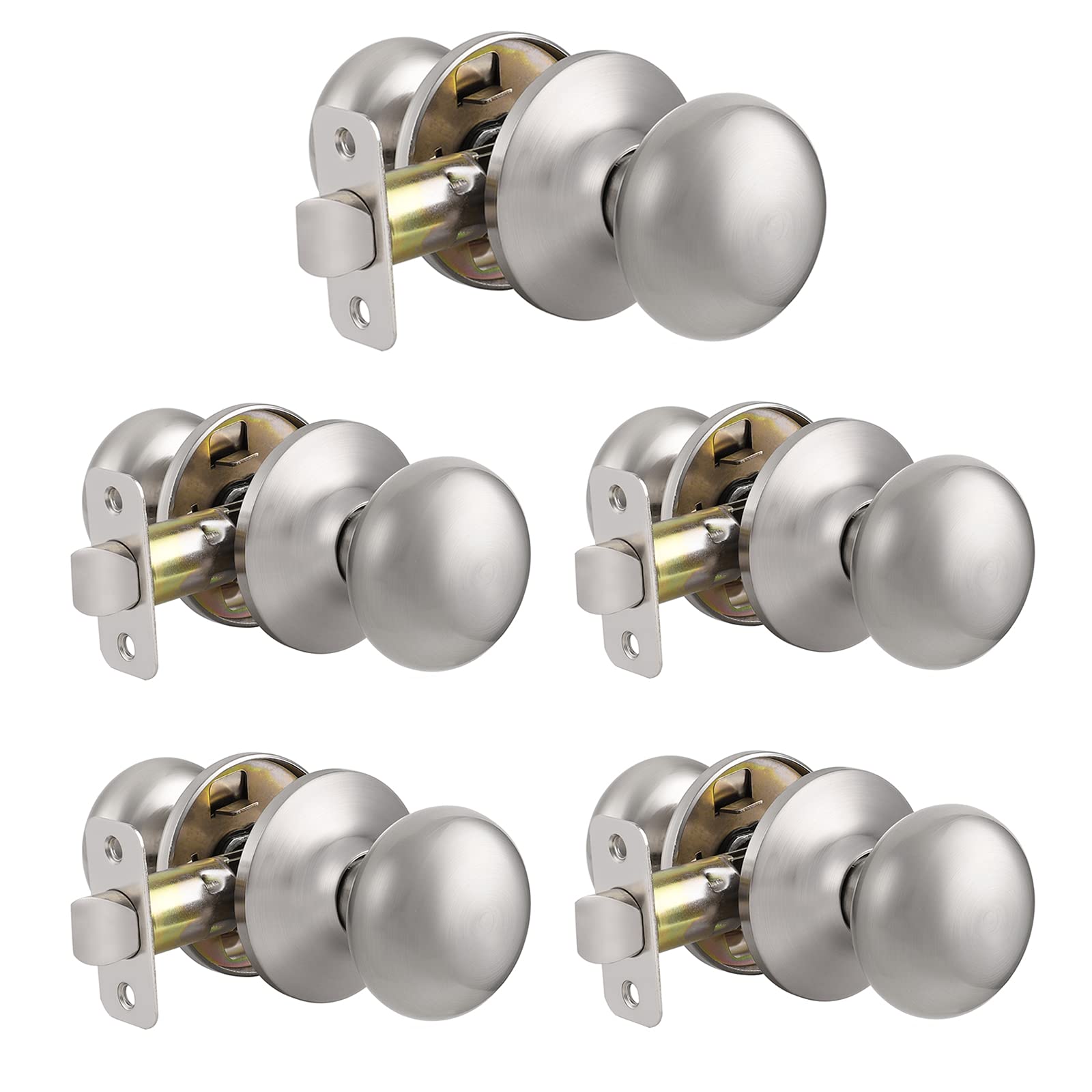 Probrico Satin Nickel Closet Hallway Passage Door Knob with Universal Latch 5 Packs - Probrico