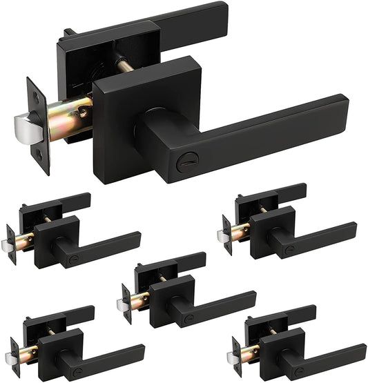 Probrico Heavy Duty Flat Black Square Privacy Interior Door Levers Bedroom and Bathroom Door Handles Keyless Bed/Bath Lockset (6 Pack) - Probrico