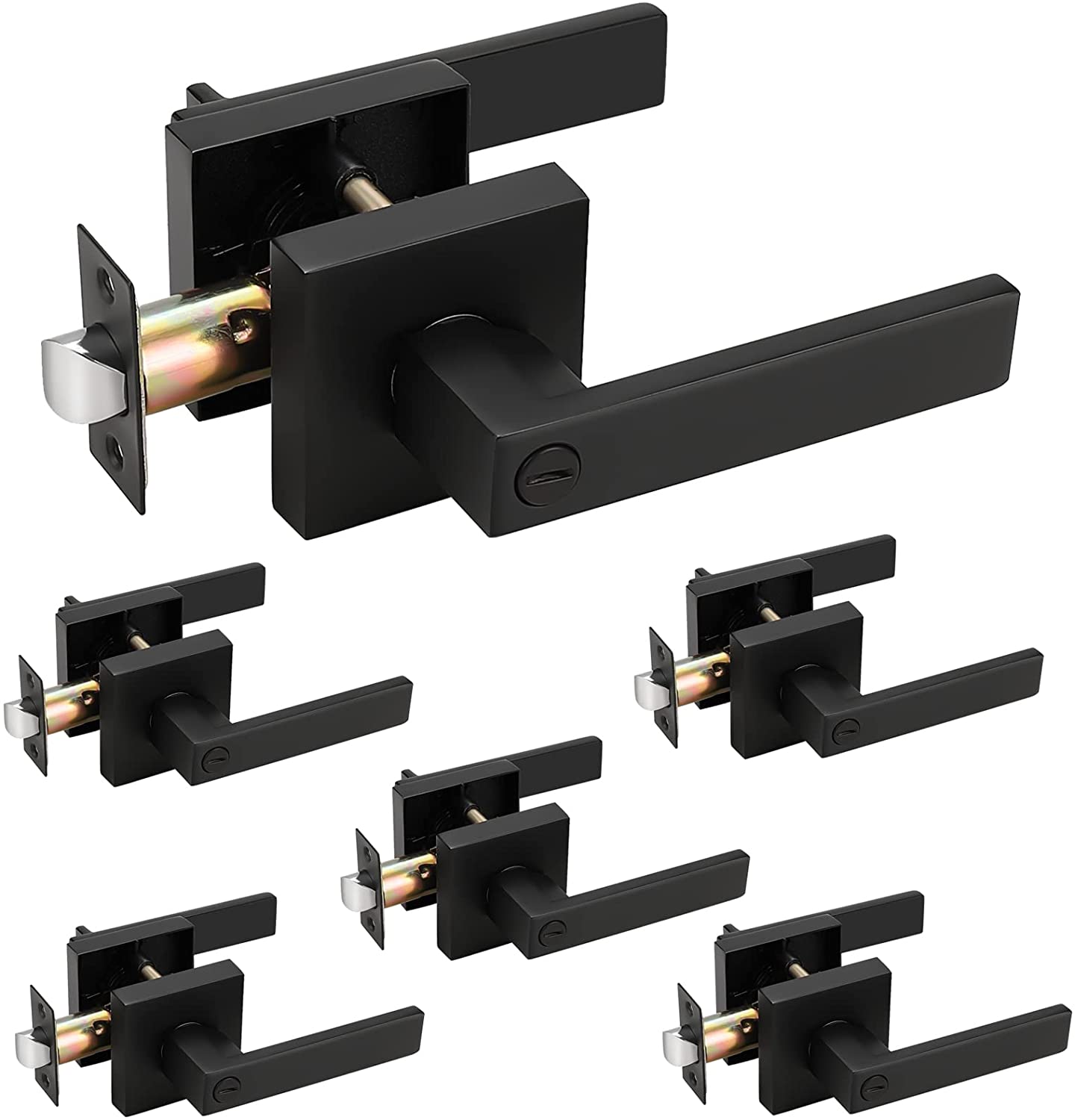 Probrico Heavy Duty Flat Black Square Privacy Interior Door Levers Bedroom and Bathroom Door Handles Keyless Bed/Bath Lockset (6 Pack)