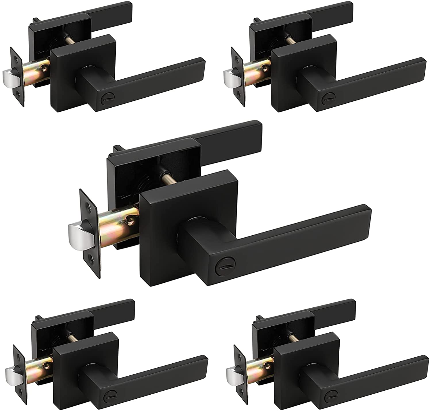 Probrico Heavy Duty Flat Black Square Privacy Interior Door Levers Bedroom and Bathroom Door Handles Keyless Bed/Bath Lockset (5 Pack) - Probrico