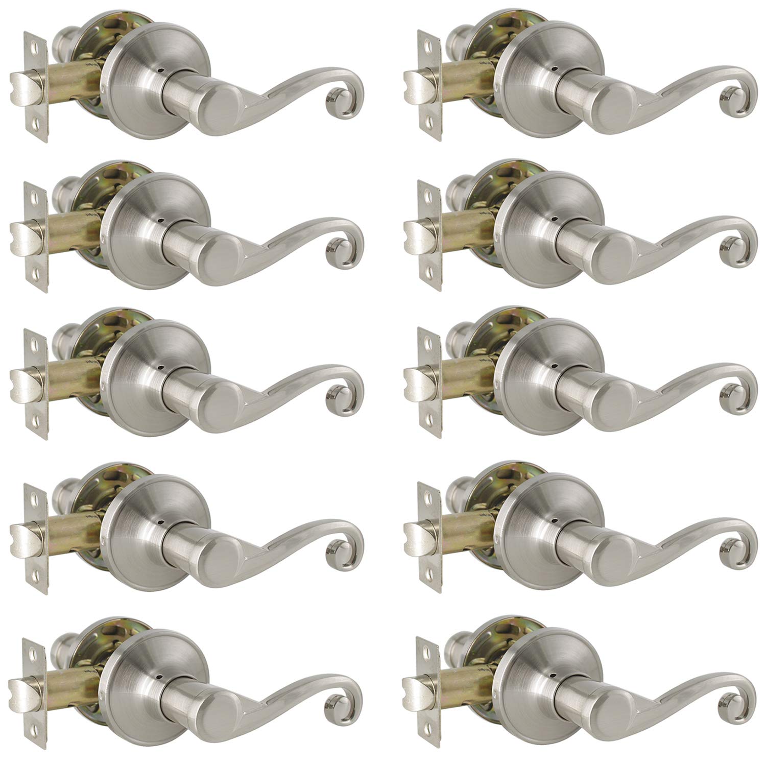 Probrico 10 Pack Satin Nickel Door Levers for Hall and Closet,Passage Function Contractor Pack,Square Lockset Leverset Modern Style,Interior Door