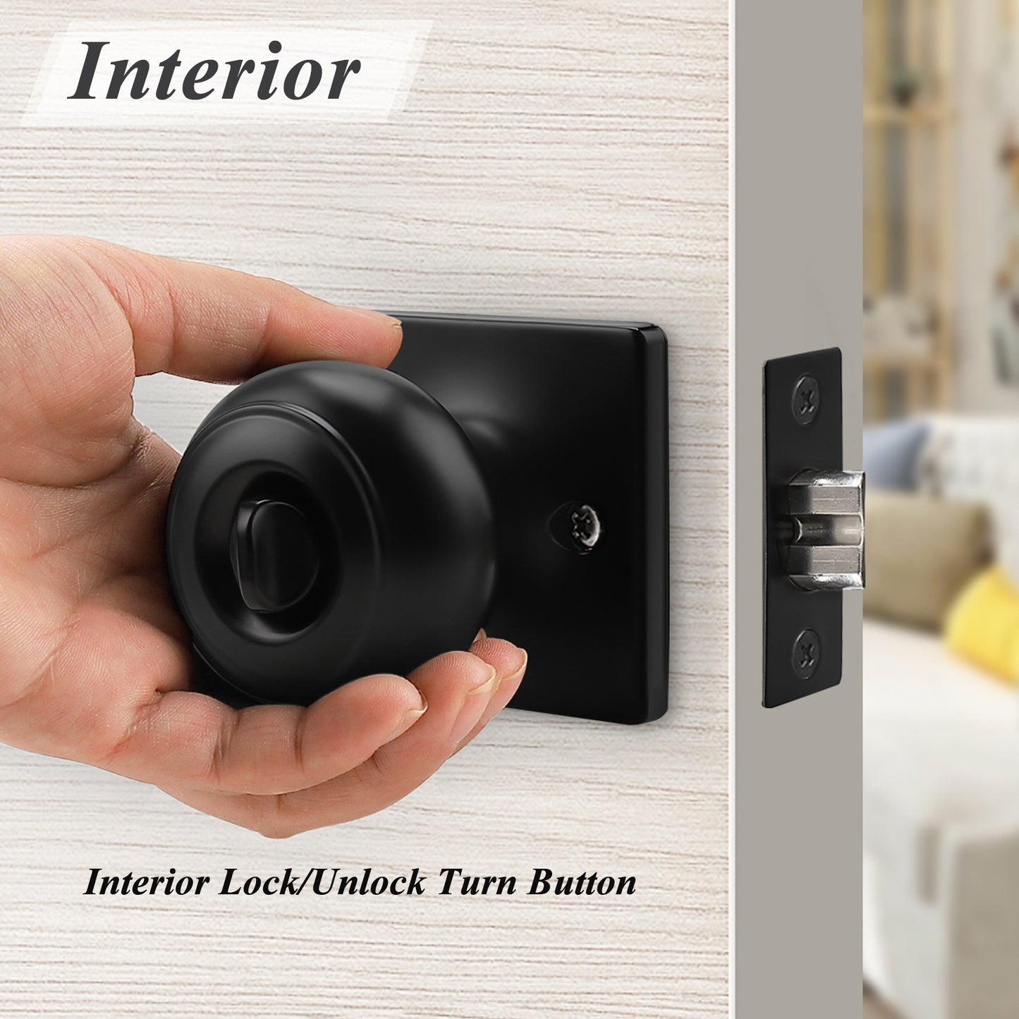 Flat Ball Knob with Square Rosette, Interior Privacy Door Knobs Black Finish DLS09BKBK - Probrico