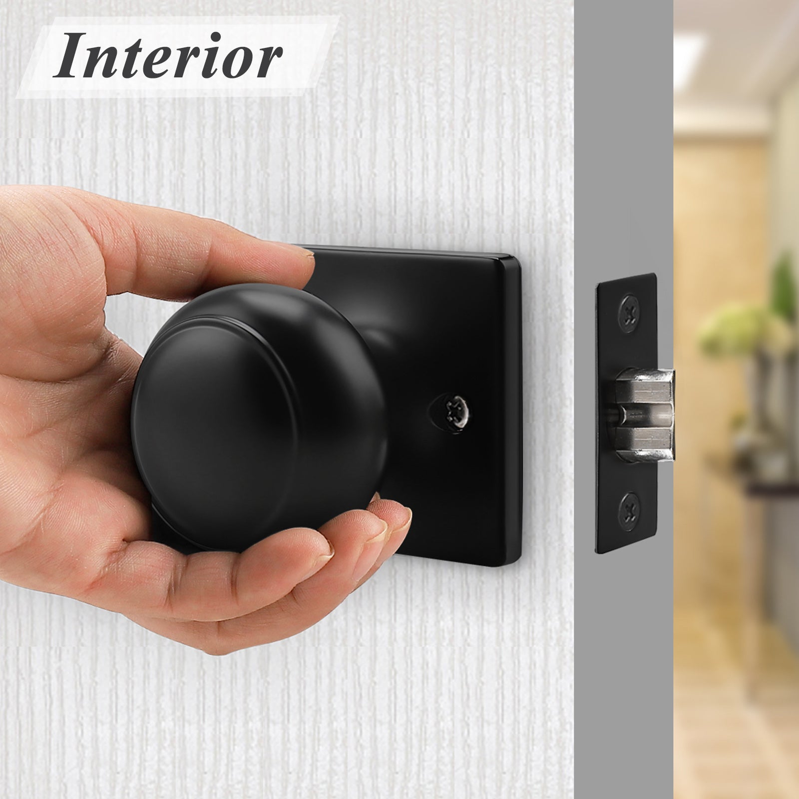 Flat Ball Knob with Square Rosette, Passage Door Knobs Black Finish DLS09BKPS