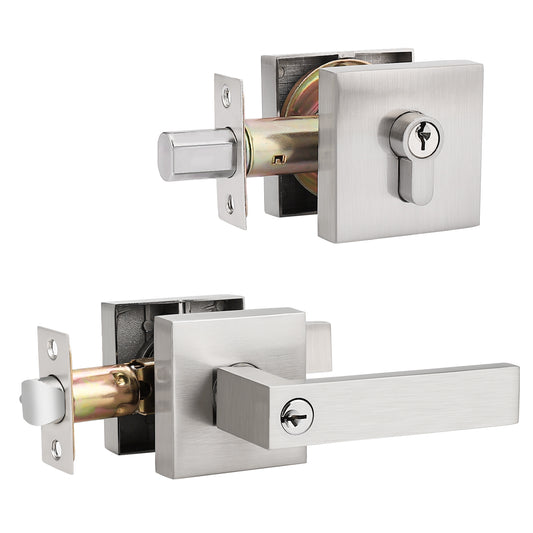 Keyed Entry Door Levers and Single Cylinder Deadbolts Combo Pack (Keyed Alike), Satin Nickel Finish DL01ET-111SN - Probrico
