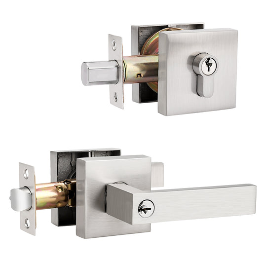 Keyed Entry Door Levers and Double Cylinder Deadbolts Locks Combo Pack (Keyed Alike), Satin Nickel Finish DL01ET-112SN - Probrico