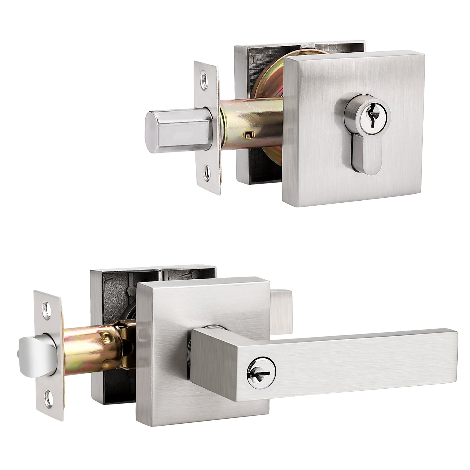 Keyed Entry Door Levers and Double Cylinder Deadbolts Locks Combo Pack (Keyed Alike), Satin Nickel Finish DL01ET-112SN