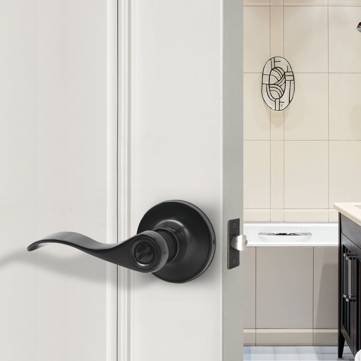 Black Door Handles Wave Style Levers, Privacy Door Lock Function DL12061BKBK - Probrico