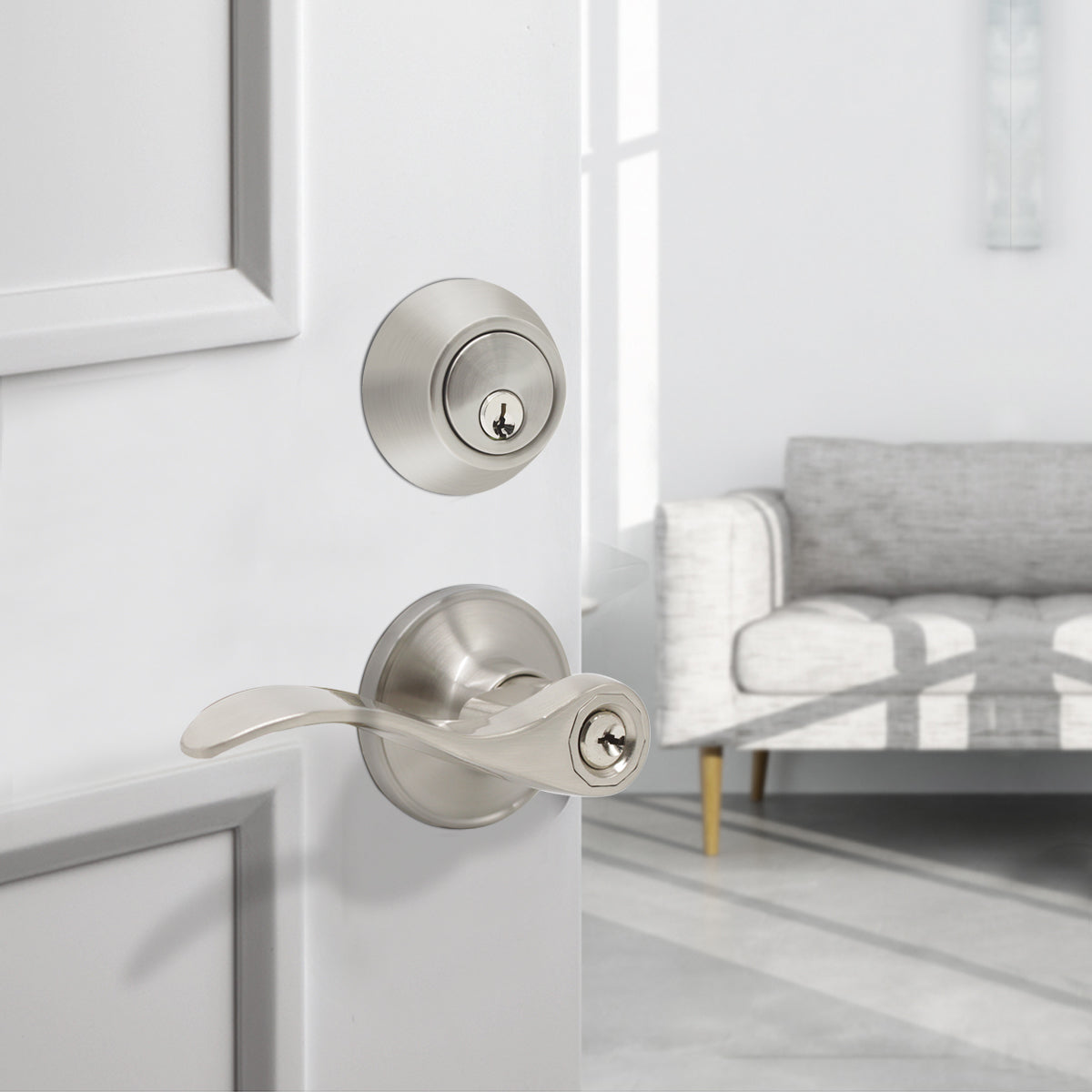 Keyed Entrance Door Lever set Lock with Double Cylinder Deadbolt Combo Packs, Satin Nickel DL12061ET-102SN - Probrico