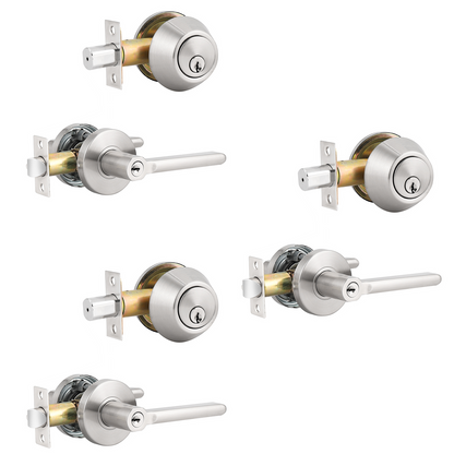 Keyed Entry Door Lever Lock and Single Cylinder Deadbolts Combo Pack (Keyed Alike), Satin Nickel Finish DL1637ET-101SN