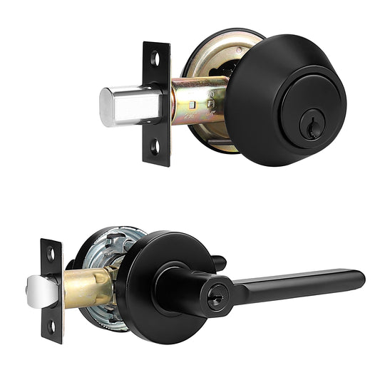 Keyed Entry Door Lever Lock and Double Cylinder Deadbolts Combo Pack (Keyed Alike), Black Finish DL1637ET-102BK - Probrico