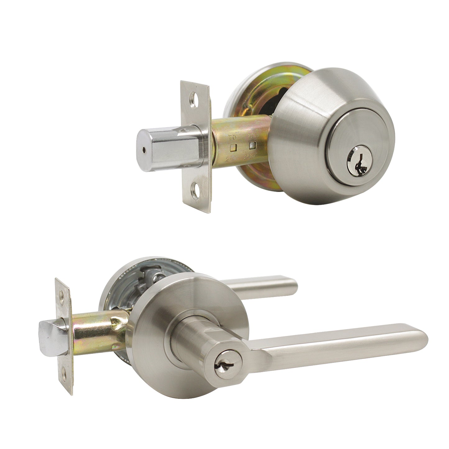 Keyed Entry Door Lever Lock and Double Cylinder Deadbolts Combo Pack (Keyed Alike), Satin Nickel Finish DL1637ET-102SN - Probrico