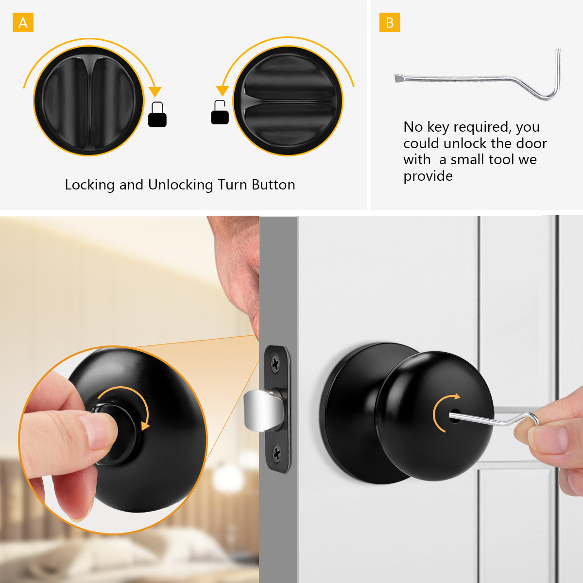 Probrico Door Knobs Interior Door Locks in Matte Black Finish, Ball Knob, Privacy/Dummy/Passage Function DL5766BK - Probrico