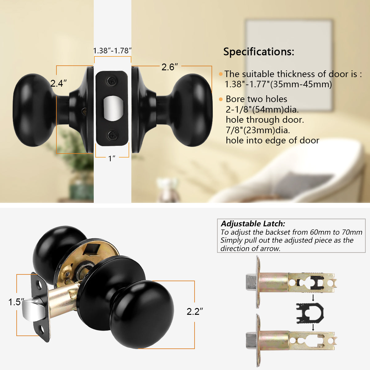 Probrico Door Knobs Interior Door Locks in Matte Black Finish, Ball Knob, Privacy/Dummy/Passage Function DL5766BK - Probrico