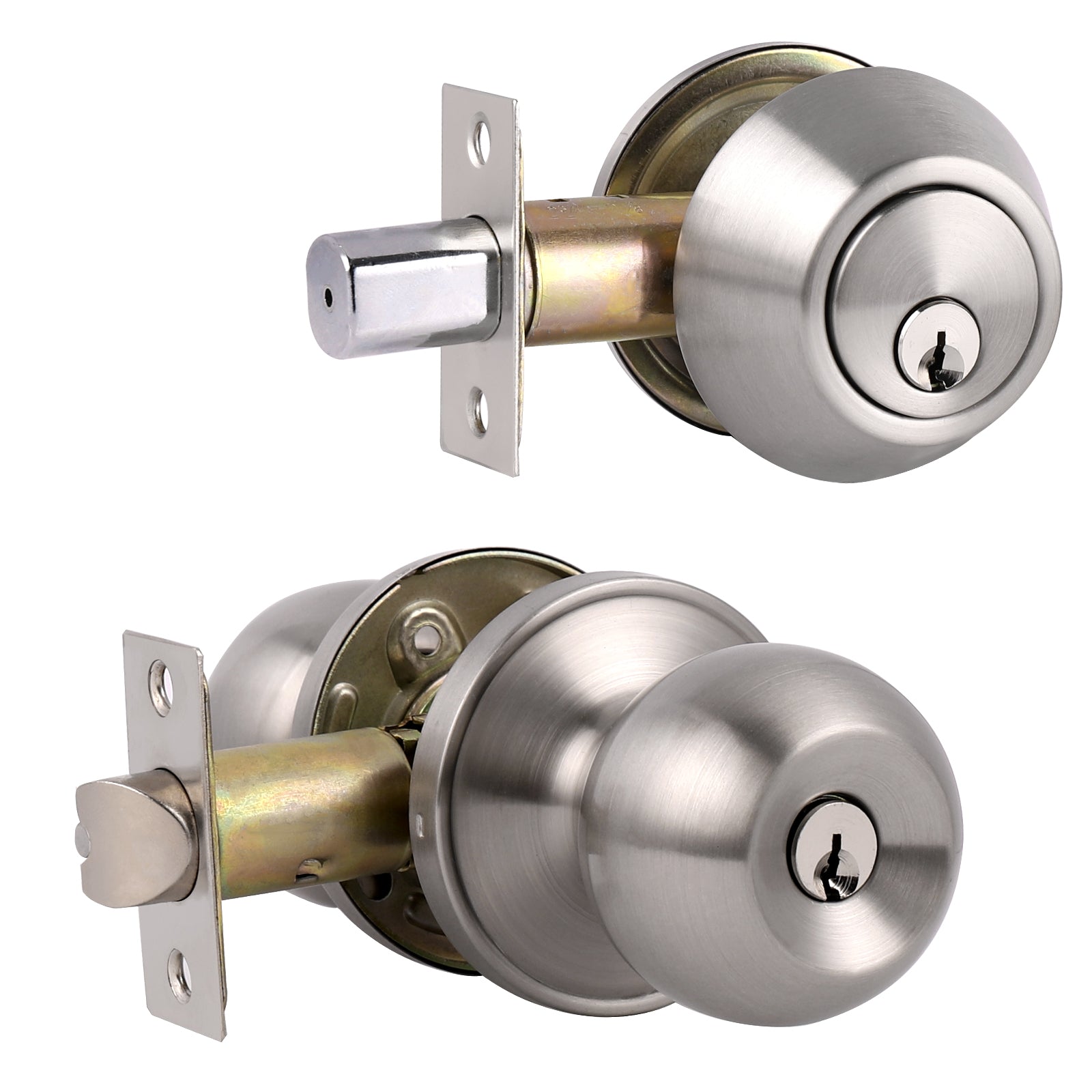 Round Ball Door Knob Lock with Single Cylinder Deadbolt Entry Keyed Lockset Satin Nickel Finish - Keyed Alike DL607ET-101SN - Probrico