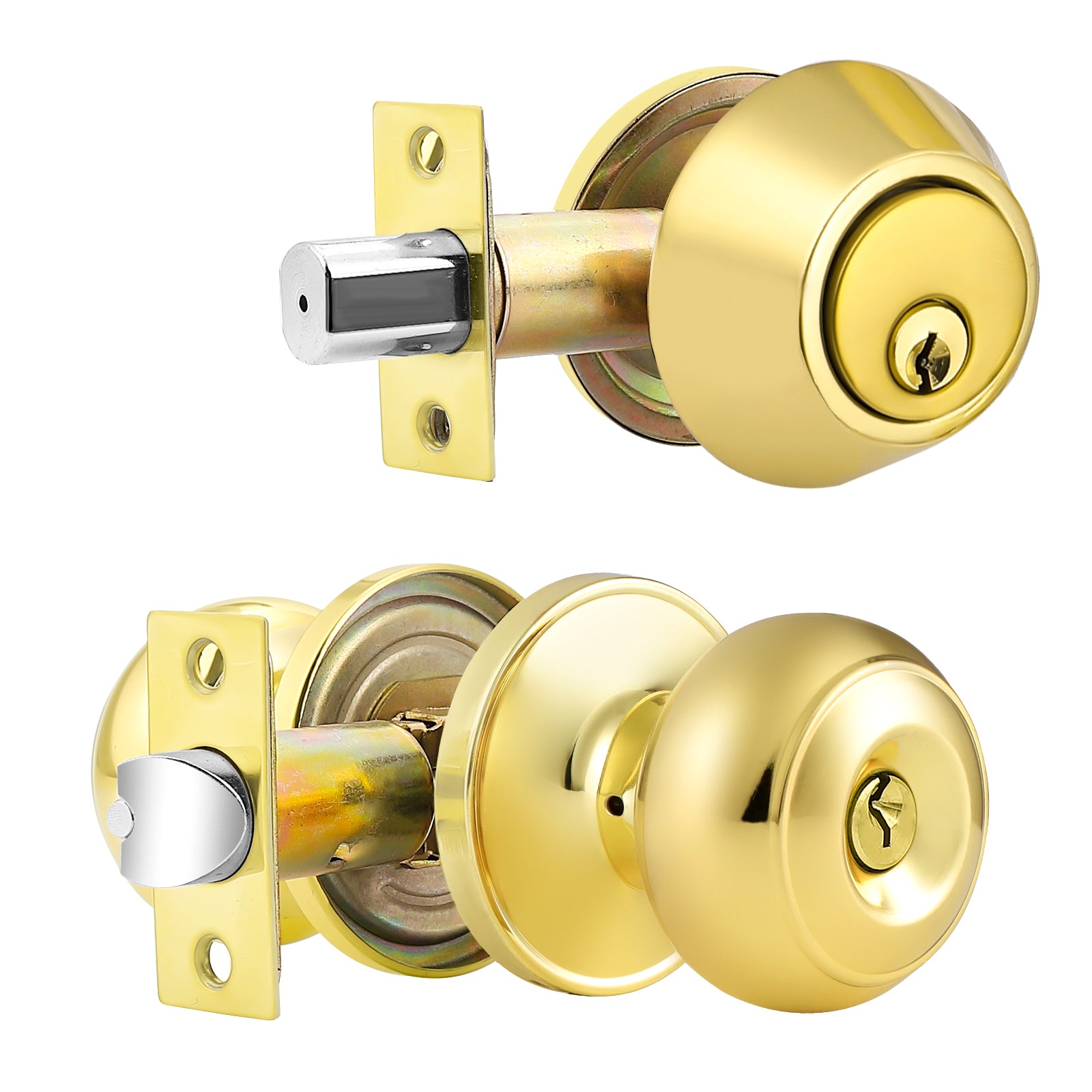 Keyed Alike Entry Door Lock Knob with Single Cylinder Deadbolt, Polished Brass Finish - DL609ET-101PB - Probrico