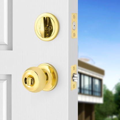 Keyed Alike Entry Door Lock Knob with Single Cylinder Deadbolt, Polished Brass Finish - DL609ET-101PB - Probrico