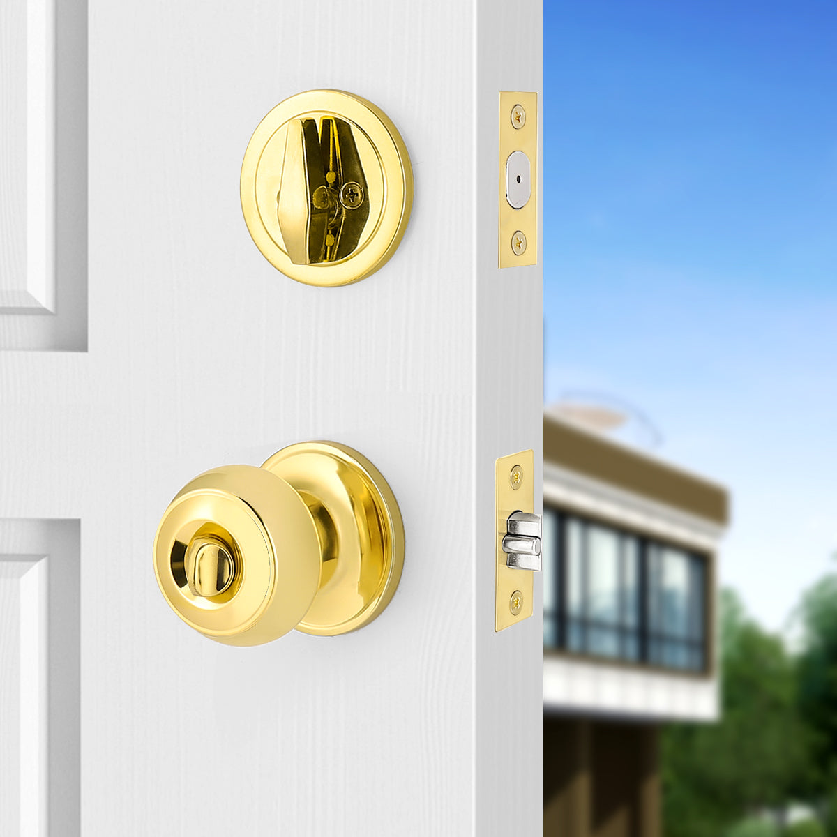 Keyed Alike Entry Door Lock Knob with Single Cylinder Deadbolt, Polished Brass Finish - DL609ET-101PB