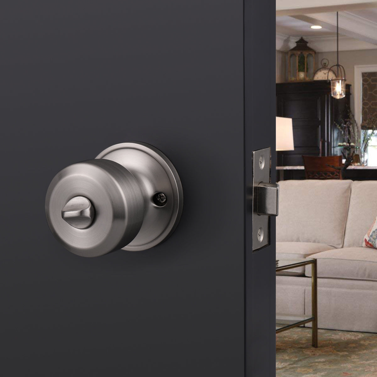 Modern Door Knob Set with Round Rose, Privacy Door Lock in Satin Nickel, DL610SNBK