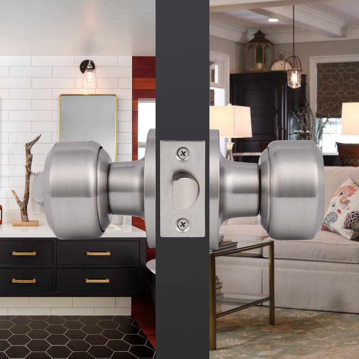 Modern Door Knob Set with Round Rose, Privacy Door Lock in Satin Nickel, DL610SNBK - Probrico