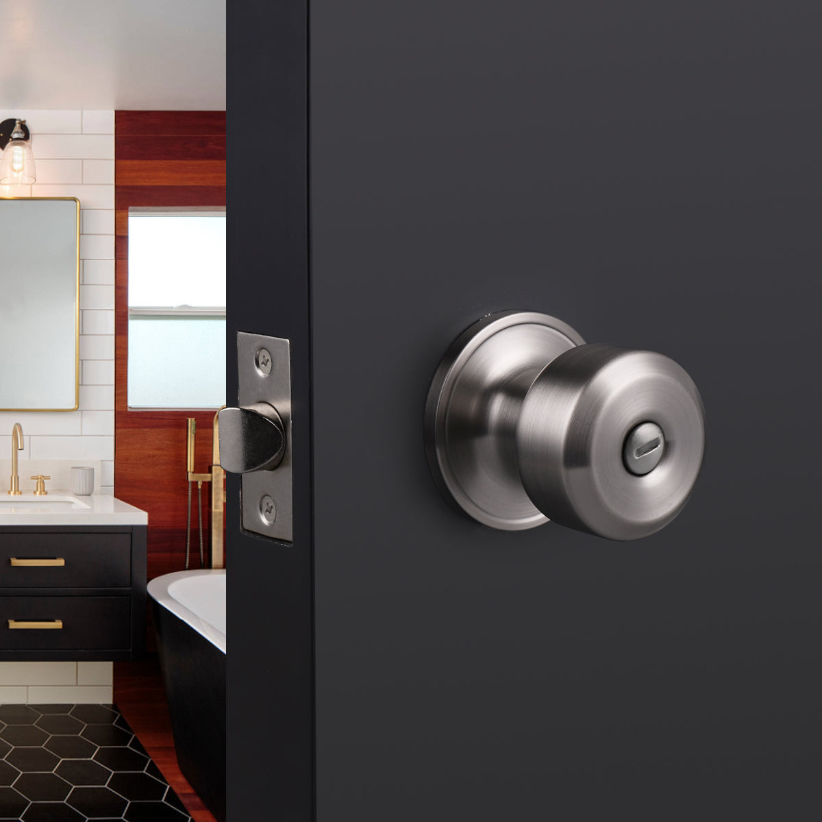 Modern Door Knob Set with Round Rose, Privacy Door Lock for Bedroom Bathroom DL610
