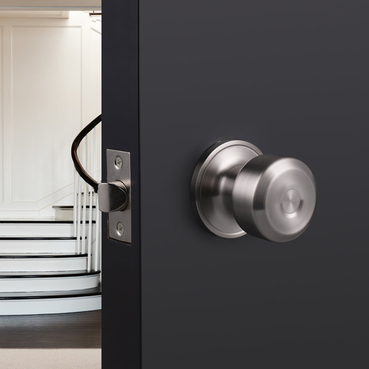 Modern Door Knob Set with Round Rose, Passage Door Lock for Closet and Hallway No Key DL610