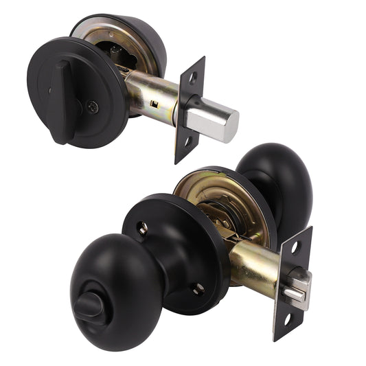 Keyed Alike Oval Egg Door Knobs with Single Cylinder Deadbolt Lock set Black Finish DL692ET01BK - Probrico