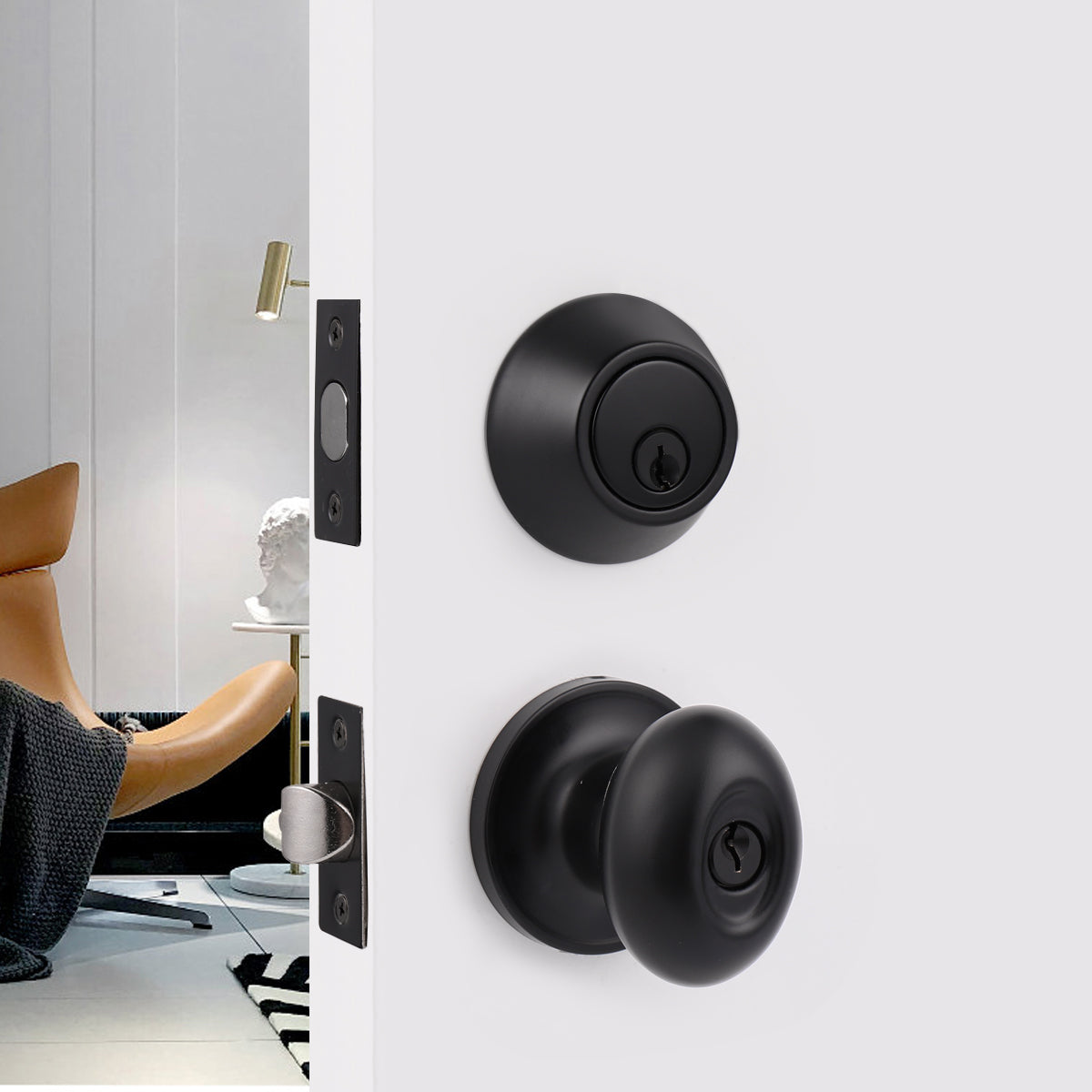 Keyed Alike Oval Egg Door Knobs with Single Cylinder Deadbolt Lock set Black Finish DL692ET01BK - Probrico