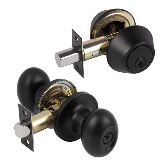 Oval Egg Ball Door Knob with Double Cylinder Deadbolt, Black Finish Door Lock set Keyed Alike - Probrico