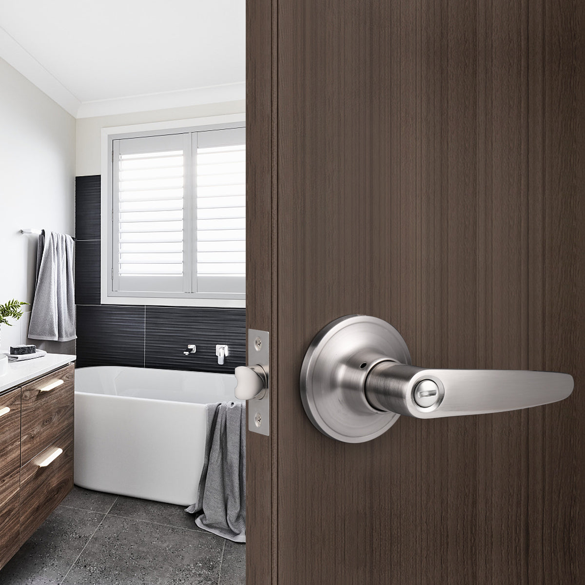 Leaf Style Door Lever, Satin Nickel Finish Bed/Bathroom Privacy Door Lock DL815SNBK - Probrico