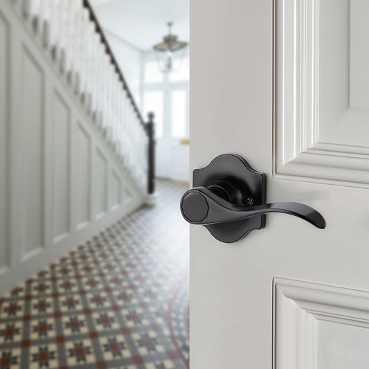 Black Door Handles Entry/Privacy/Passage/Dummy Lever Wave Style with Camelot Trim Rosette DL85061BK - Probrico