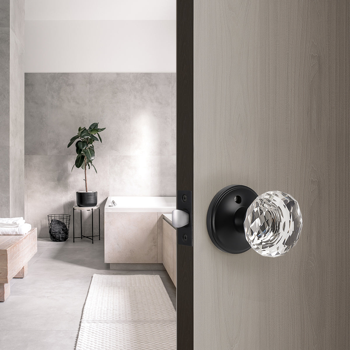 Diamond Crystal Glass Door Knobs with Black Round Rosette, Privacy/Passage/Dummy Door Lock DLC10BK
