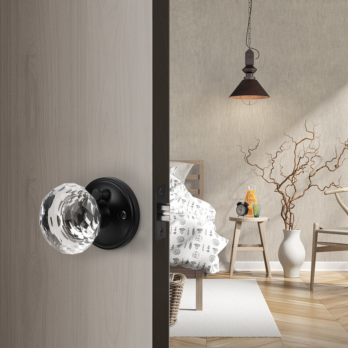 Diamond Crystal Glass Door Knobs with Black Round Rosette, Privacy/Passage/Dummy Door Lock DLC10BK - Probrico