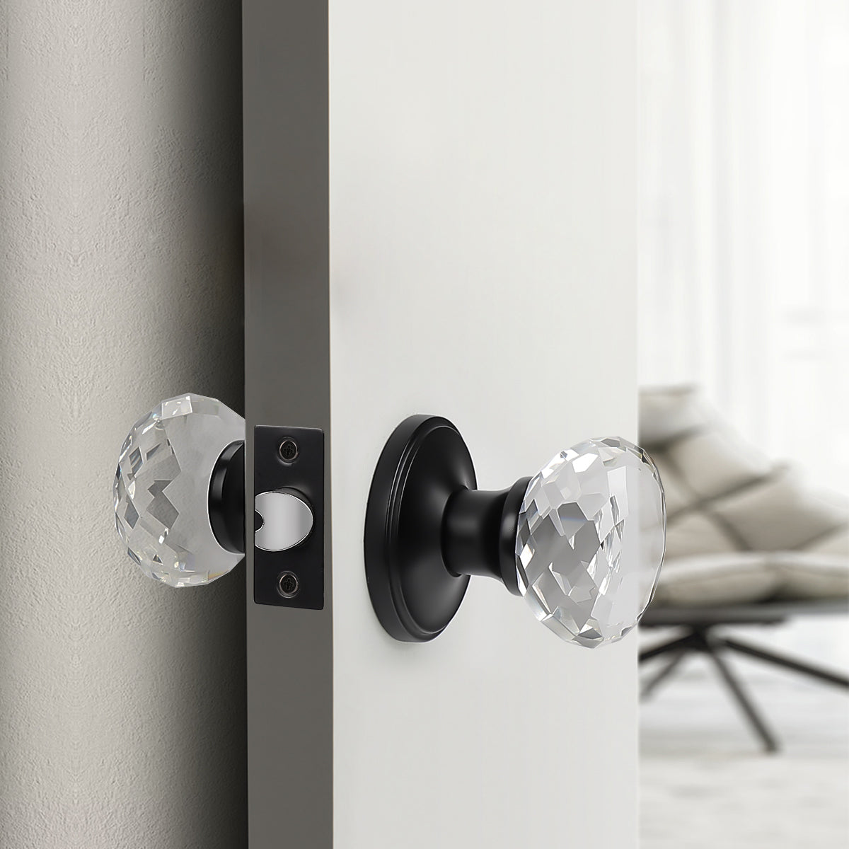 Diamond Crystal Glass Door Knobs with Black Round Rosette, Privacy/Passage/Dummy Door Lock DLC10BK - Probrico