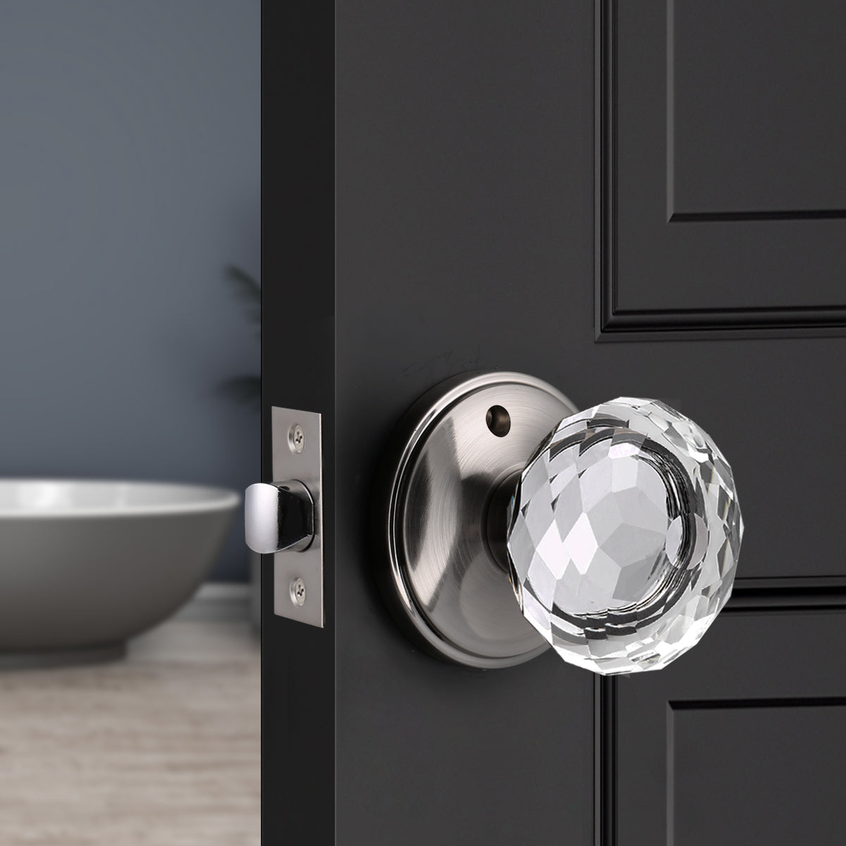Diamond Crystal Glass Door Knobs with Satin Nickel Round Rosette, Privacy/Passage Door Lock DLC10SN